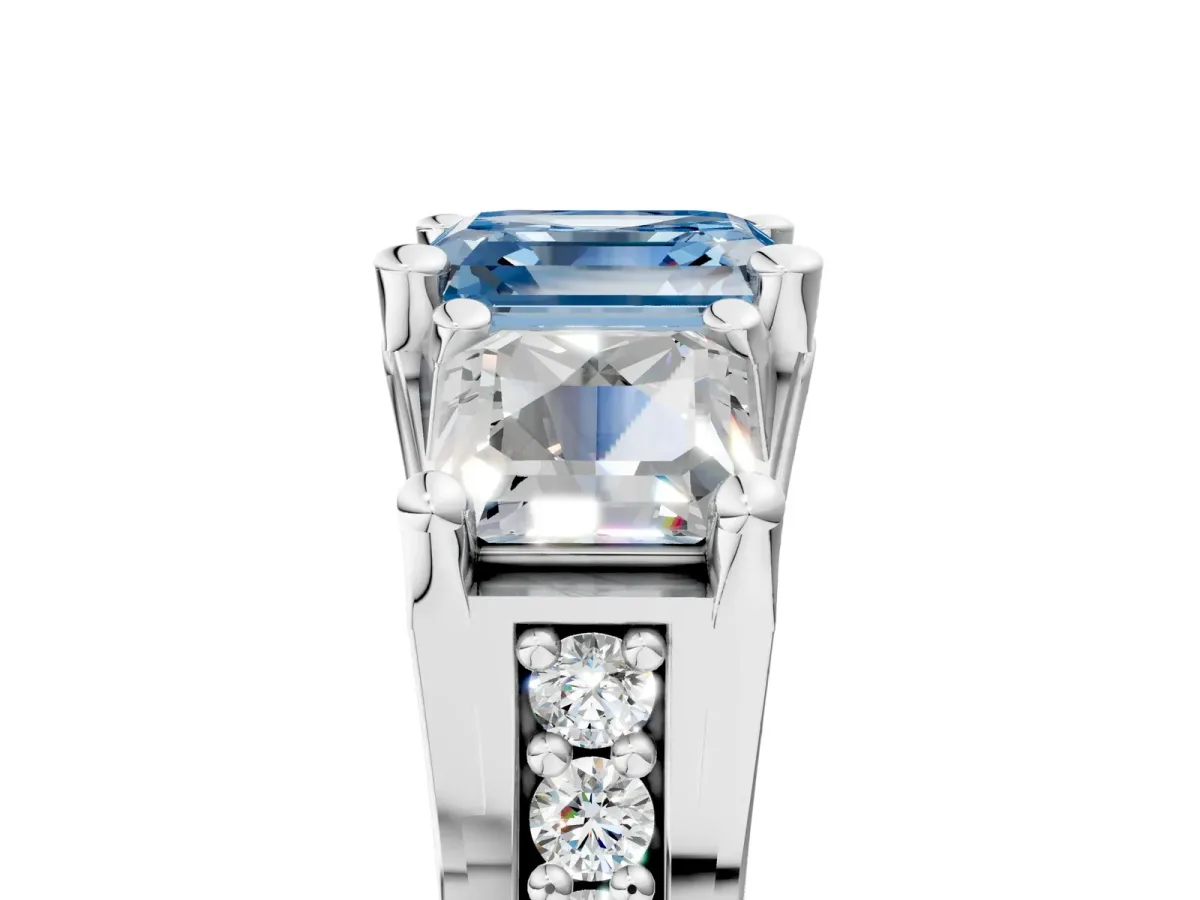 Fancy Blue Asscher Cut Diamond Three-Stone Ring with Channel Set Band and Four-Prong Setting Platinum