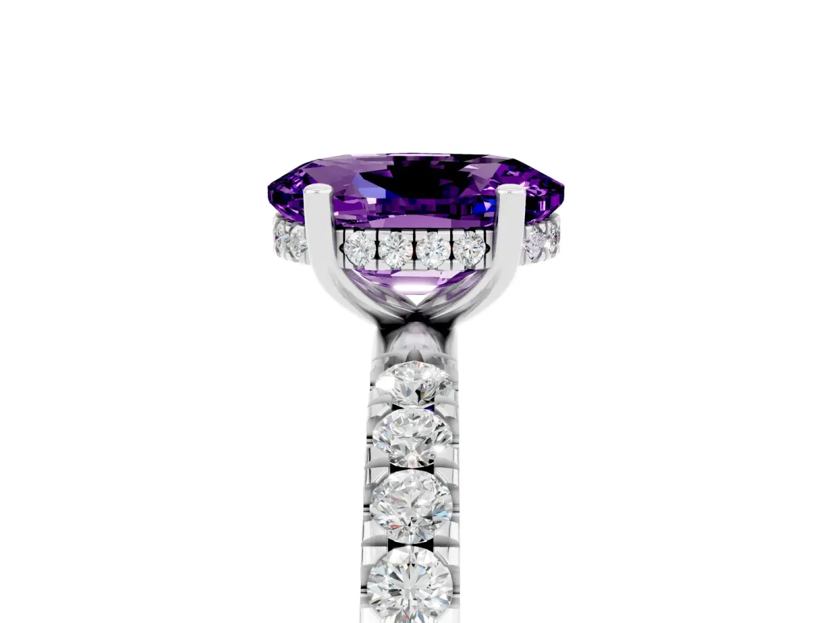Oval Cut Amethyst Pave Band Solitaire Ring with Round and Prong Setting Platinum
