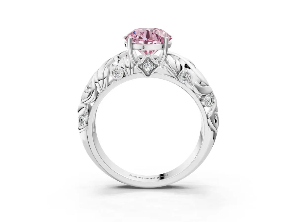 Fancy Pink Round Cut Solitaire Diamond Leaf-Inspired Vine Band Ring with Prong Setting Silver