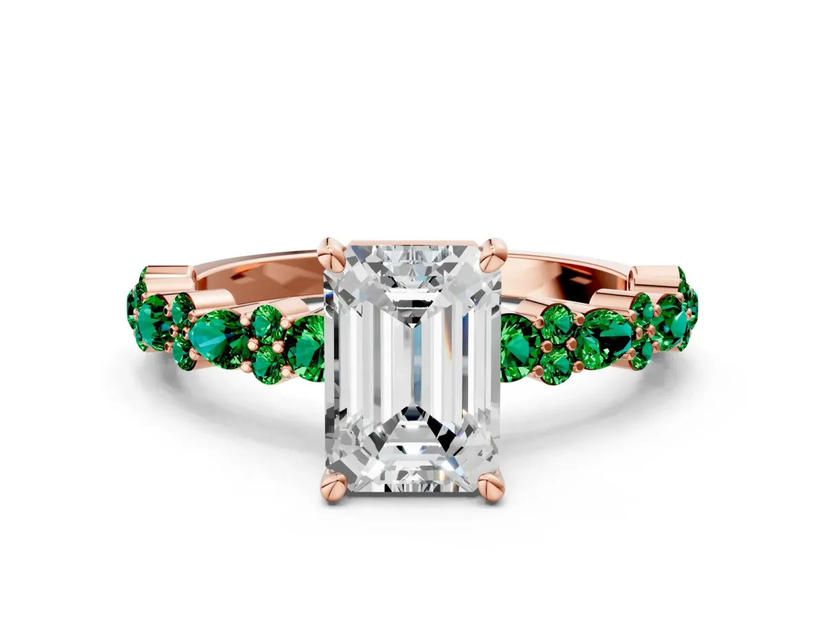 Emerald Cut Diamond Side Stone Solitaire Ring with Round Emerald and Four-Prong Setting Rose gold