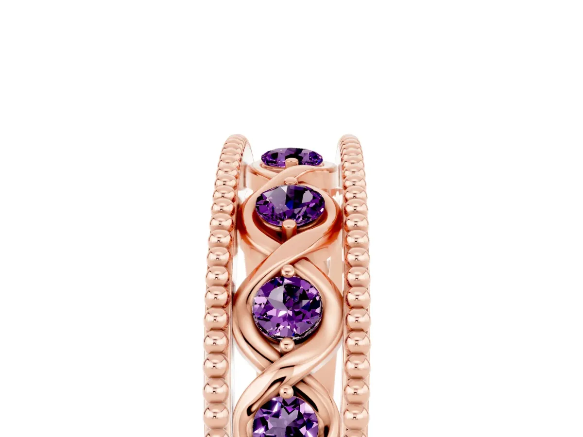 Round Amethyst Twist Milgrain Band with Bezel Setting Rose gold