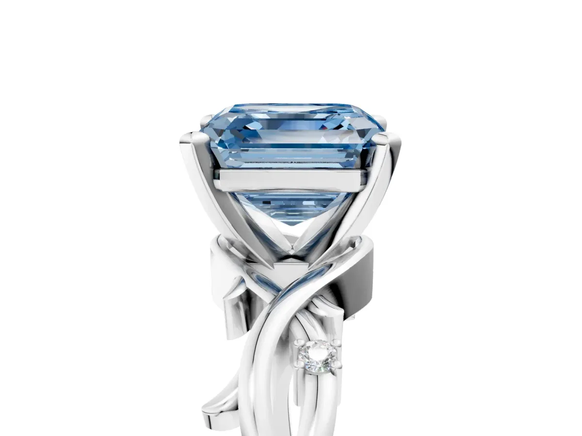 Fancy Blue Asscher Cut Diamond Solitaire Ring with Twisted Band and Prong Setting Silver