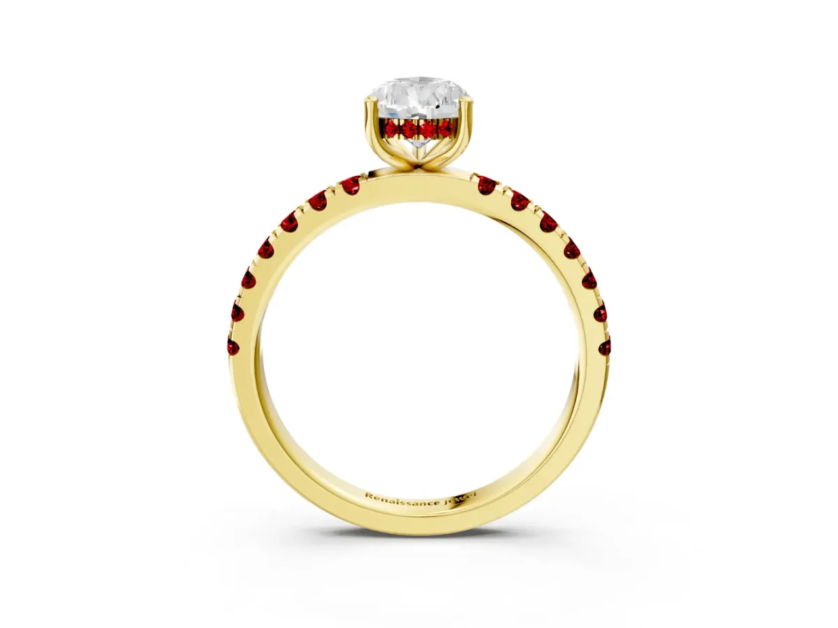 Pear Cut Diamond Pave Band Solitaire Ring with Round Ruby and Prong Setting Yellow gold