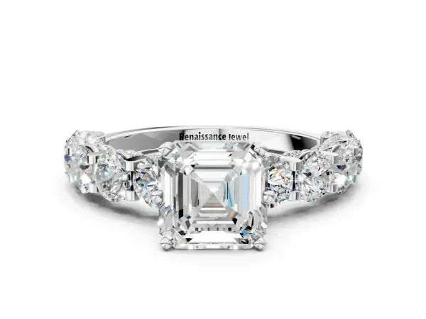 Asscher Cut Diamond Side Stone Engagement Ring with Four-Prong Setting White gold