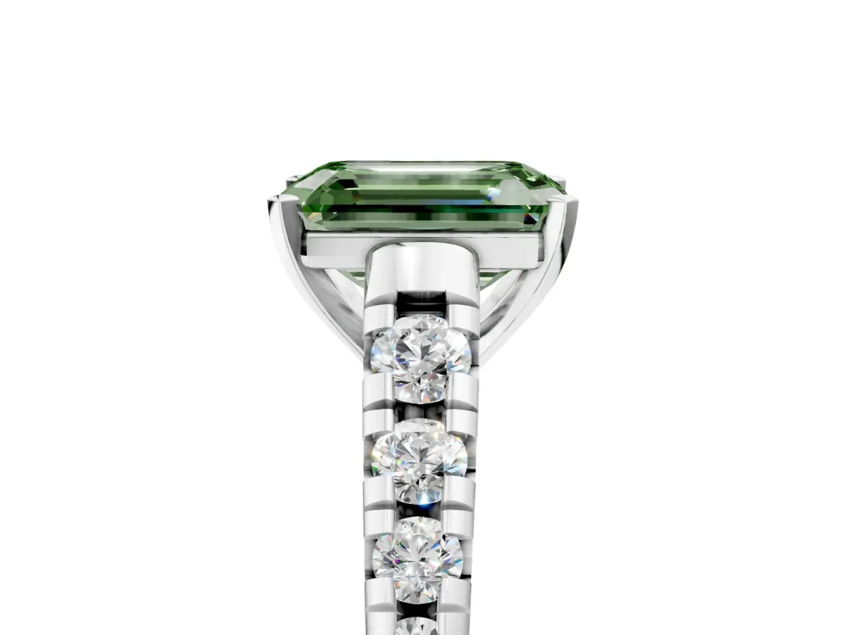 Fancy Green Emerald Cut Diamond Cathedral Solitaire Ring with Round Pavé Band Platinum