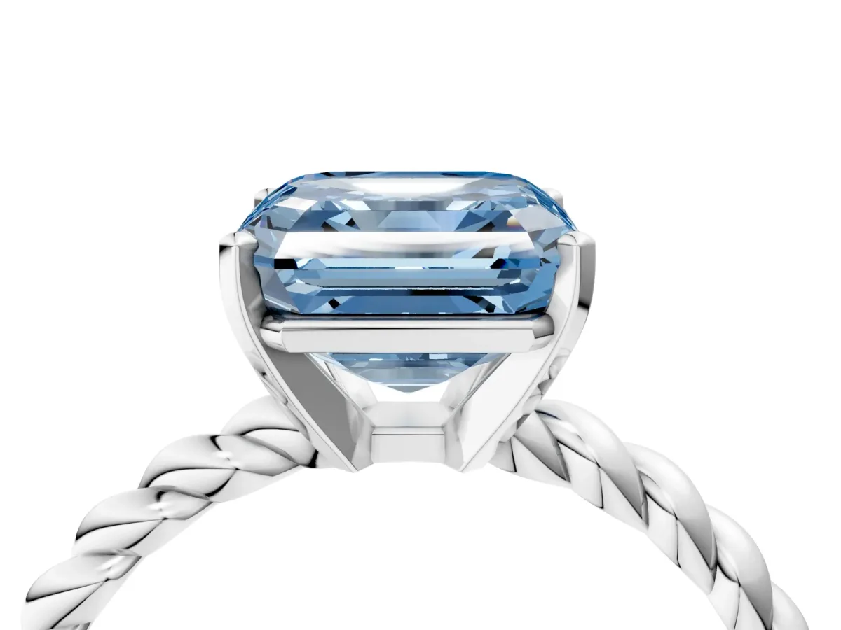 Fancy Blue Asscher Cut Cut Solitaire Twisted Band with Four-Prong Setting Platinum