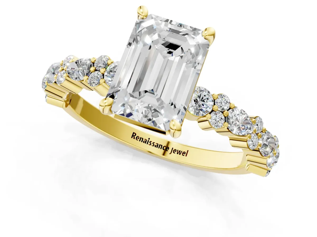 Emerald Cut Diamond Side Stone Solitaire Ring with Round and Four-Prong Setting Yellow gold