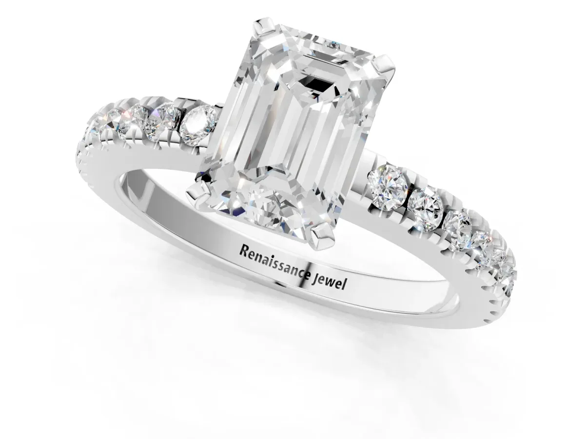 Emerald Cut Solitaire Diamond with Pavé Band and Four-Prong Setting White gold