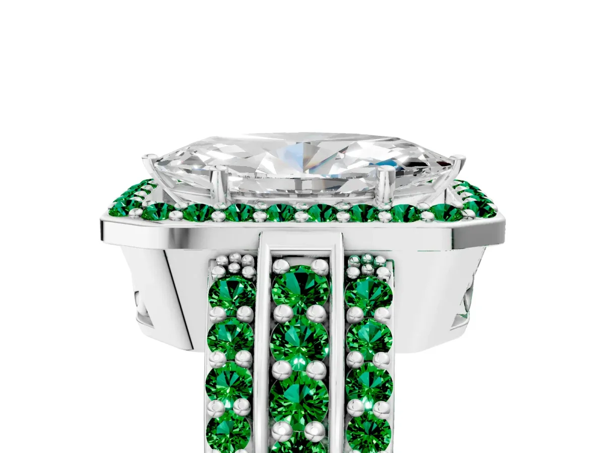 Marquise Cut Halo Diamond Ring with Round Emerald Split Shank and Prong Setting Silver