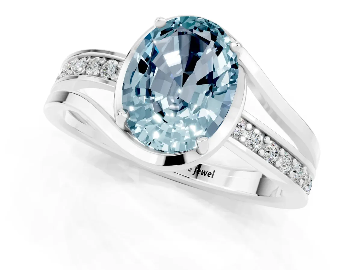 Oval Cut Aquamarine Solitaire Ring with Split Shank and Prong Setting White gold