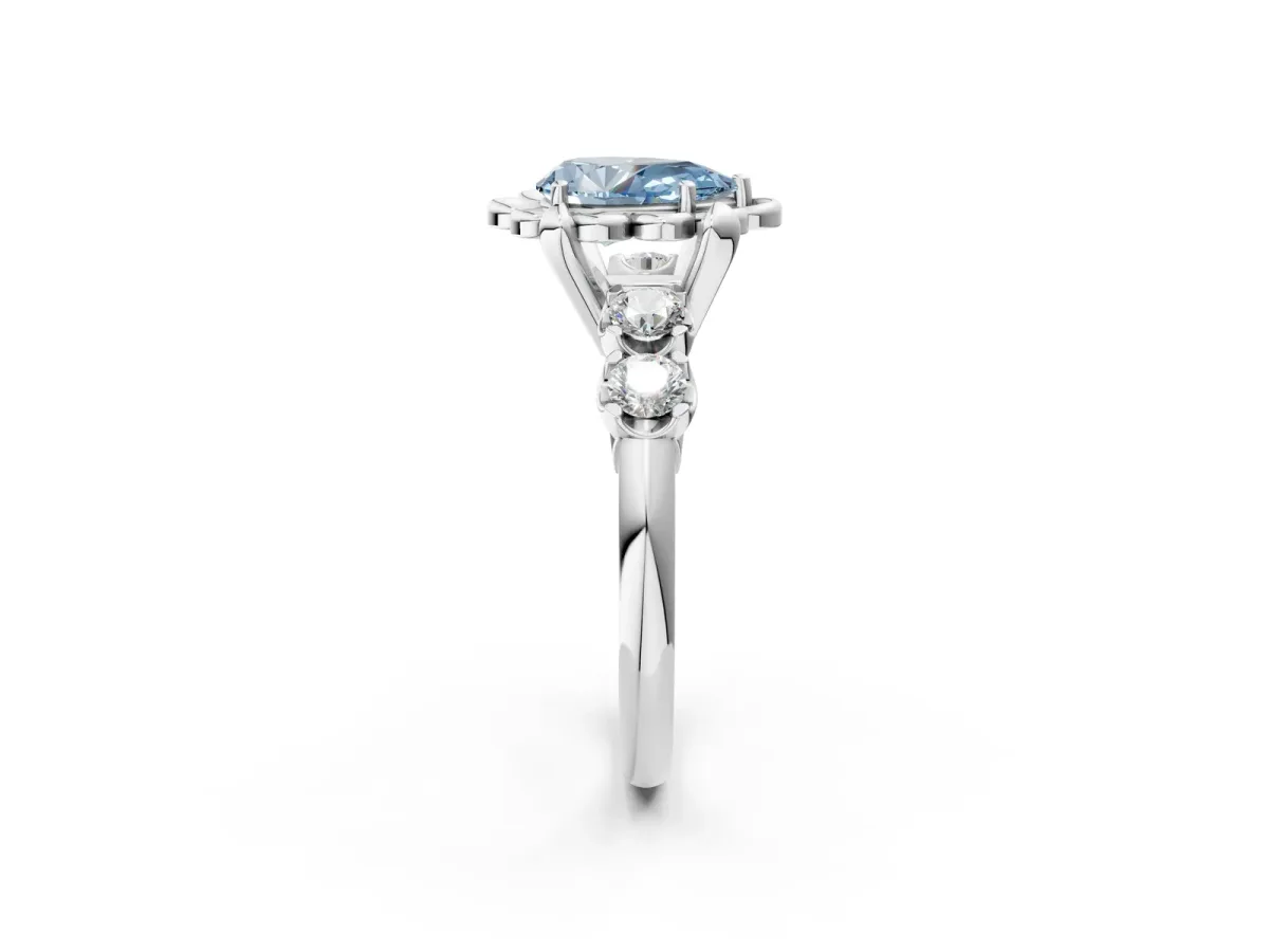 Fancy Blue Pear Cut Cut Diamond Floral Halo Engagement Ring with Shared Prong Setting Silver