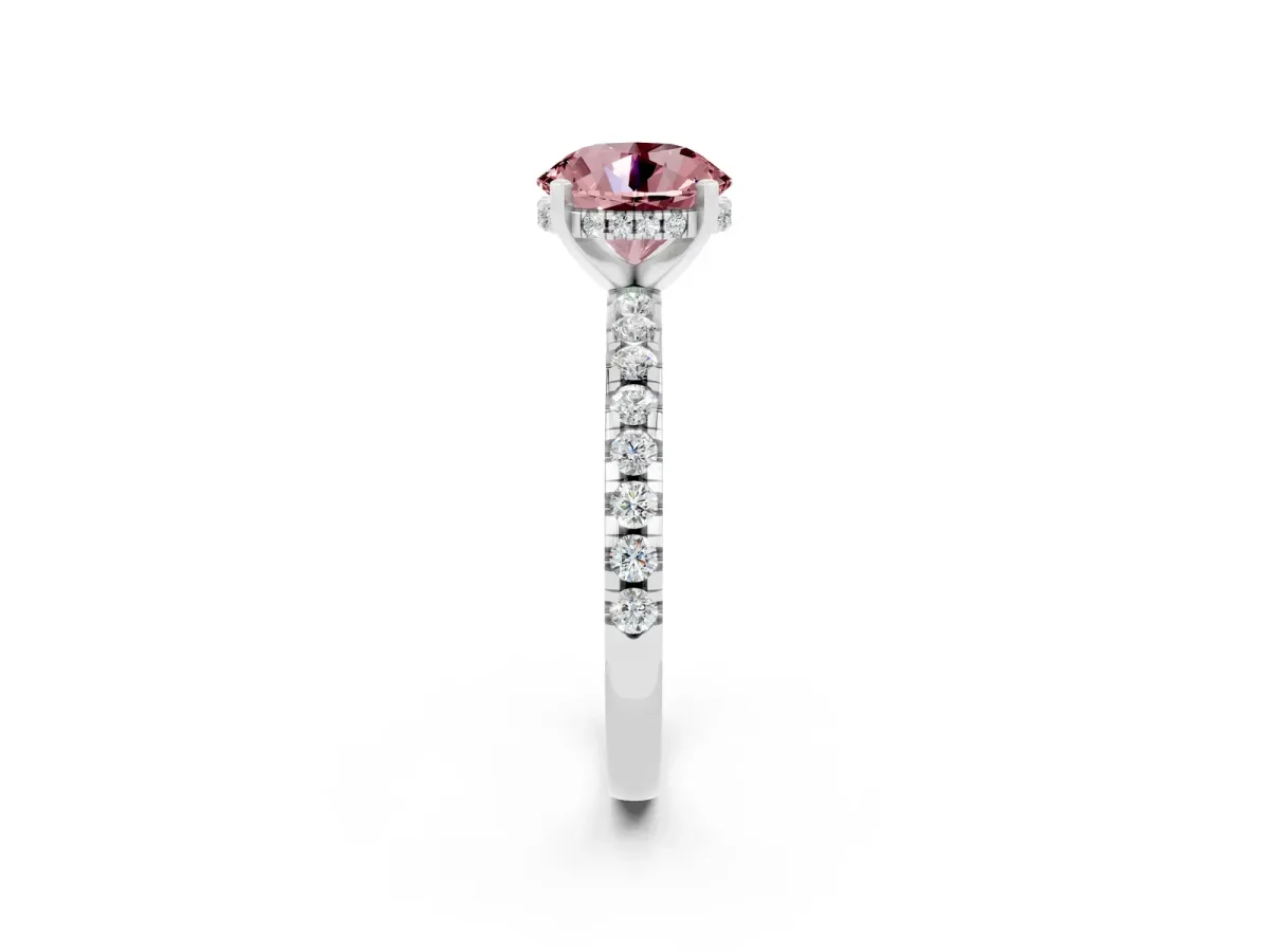 Round Cut Morganite Solitaire Ring with Round Pavé Band and Four-Prong Setting Silver
