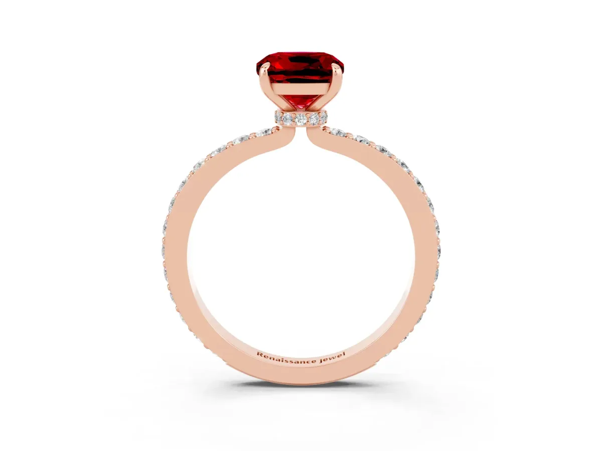 Cushion Cut Ruby Solitaire Engagement Ring with Pavé Band and Four-Prong Setting Rose gold