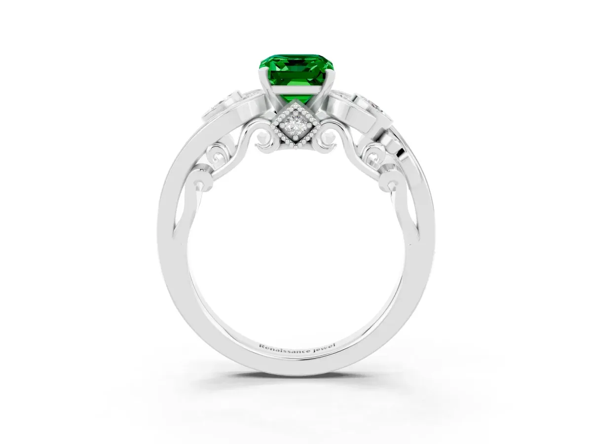 Emerald Cut Emerald Solitaire Ring with Milgrain Pavé Band and Four-Prong Setting Platinum