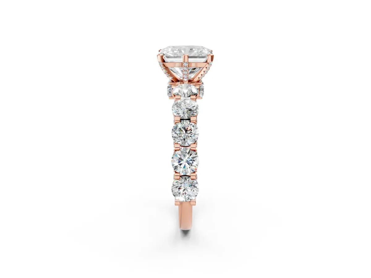 Radiant Cut Diamond Side Stone Engagement Ring with Four-Prong Setting Rose gold