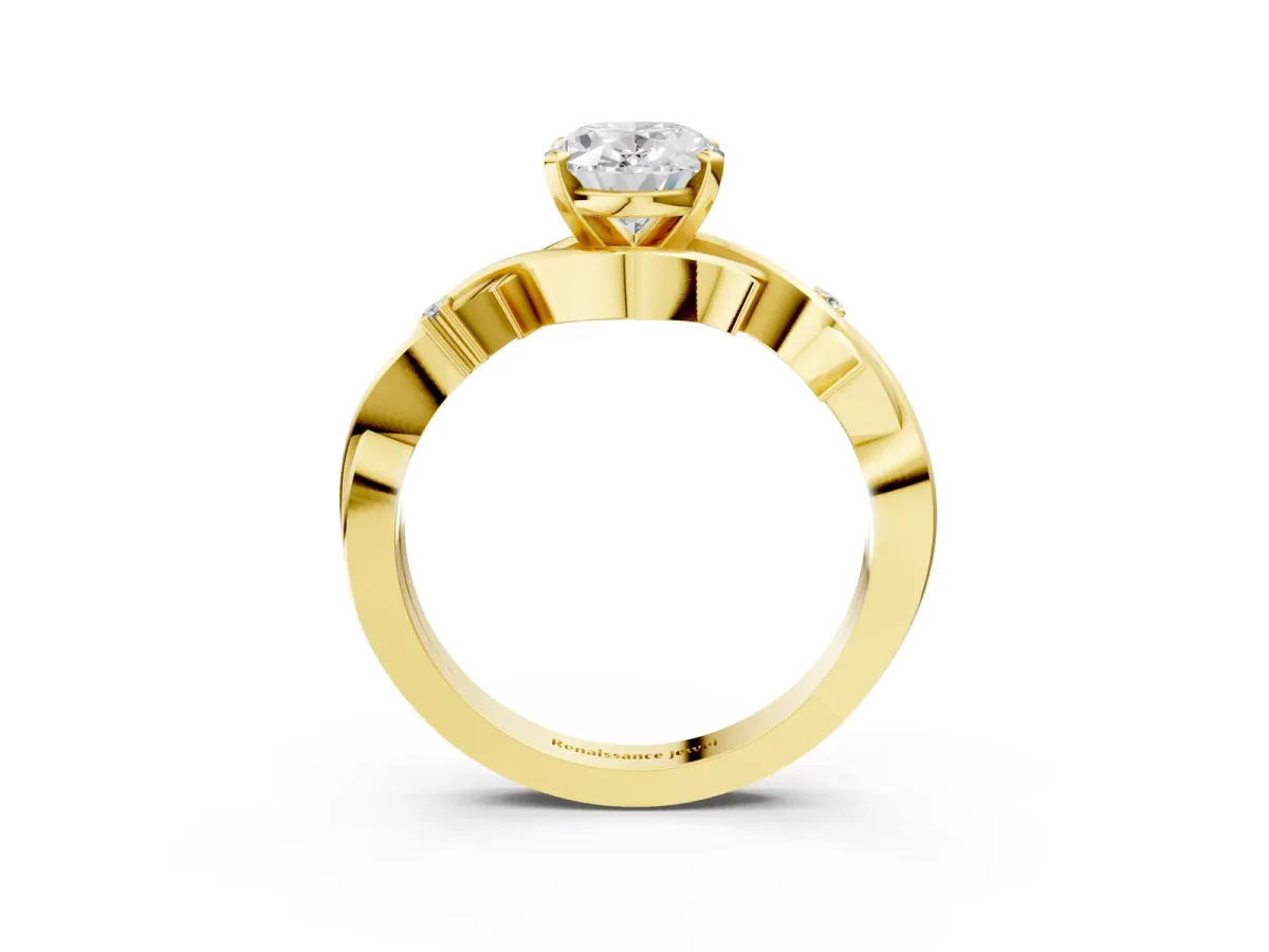 Oval Cut Diamond Solitaire Ring with Twisted Band and Prong Setting Yellow gold