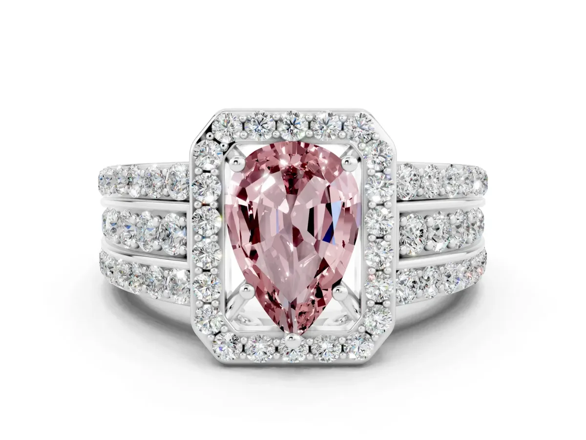 Pear Cut Halo Morganite Ring with Round Split Shank and Prong Setting White gold