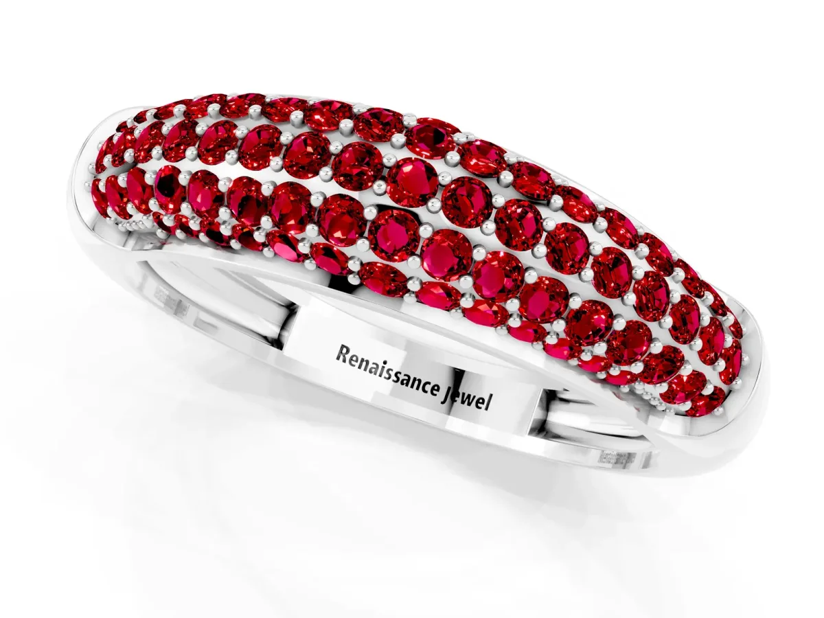 Three-Row Pavé Round Ruby Dome Band Platinum