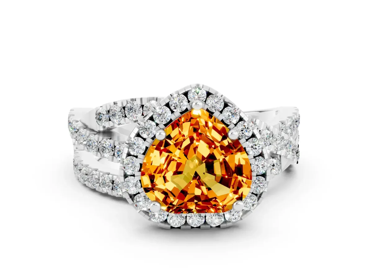 Heart Cut Citrine Halo Ring with Round Split Shank and Prong Setting Platinum