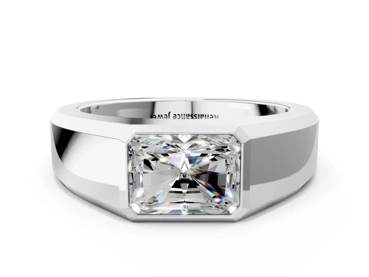 Radiant Diamond Wide Bezel Mens Ring Silver