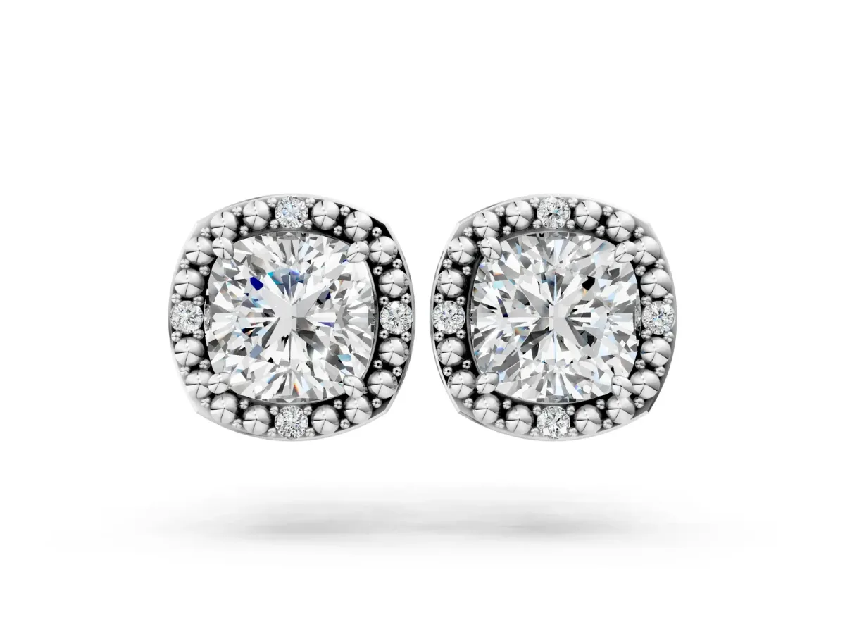 Cushion Diamond Beaded Halo Stud Earrings Platinum