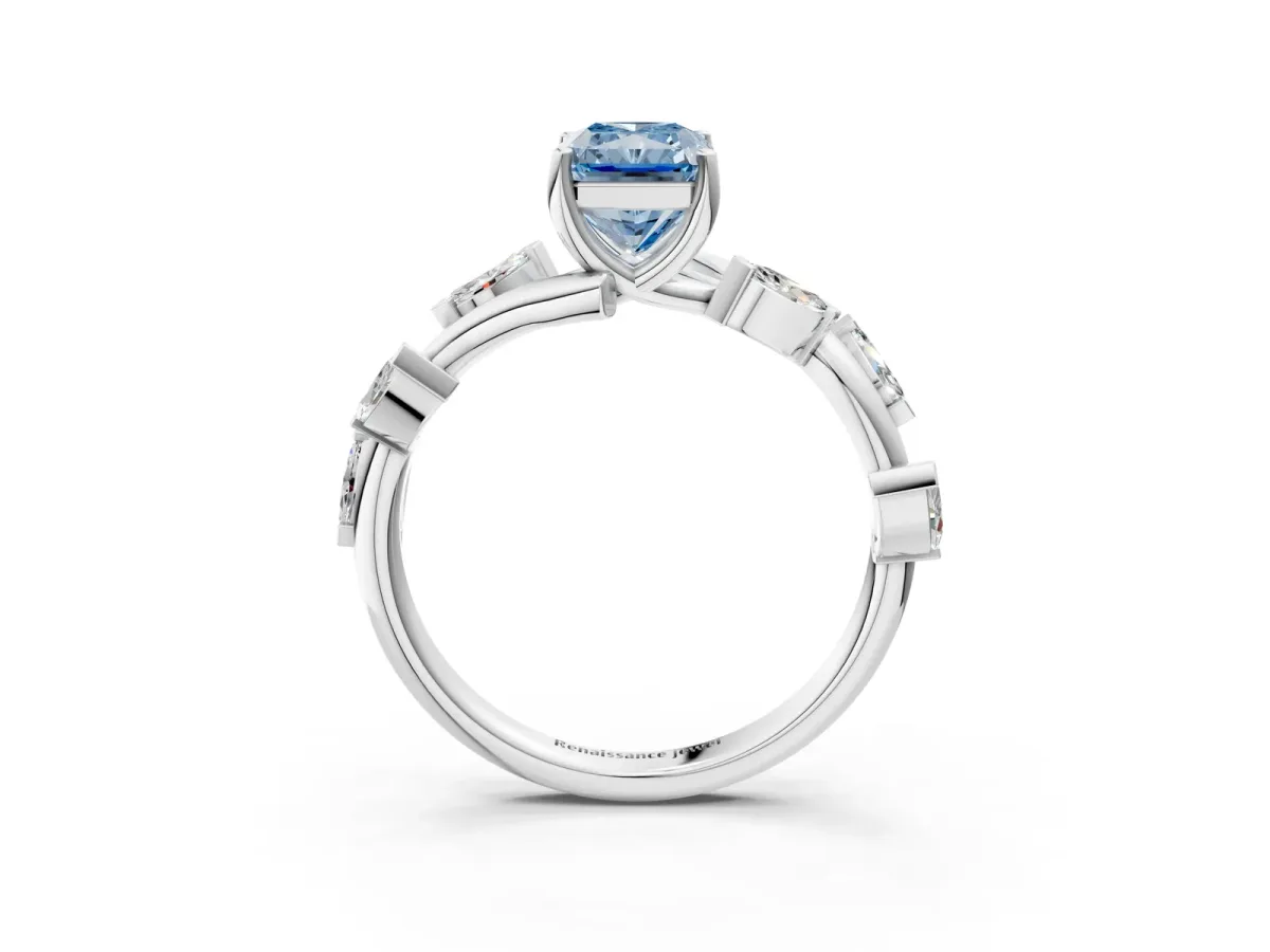 Fancy Blue Radiant Cut Solitaire Twisted Band Marquise Accent Prong Setting Ring Platinum