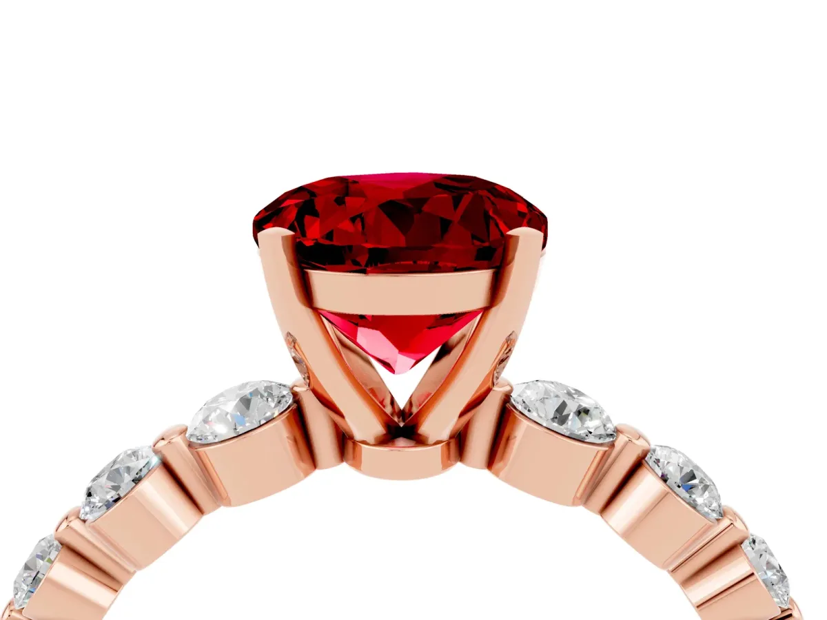 Round Cut Solitaire Ruby Ring with Pave Band and Four-Prong Setting Rose gold