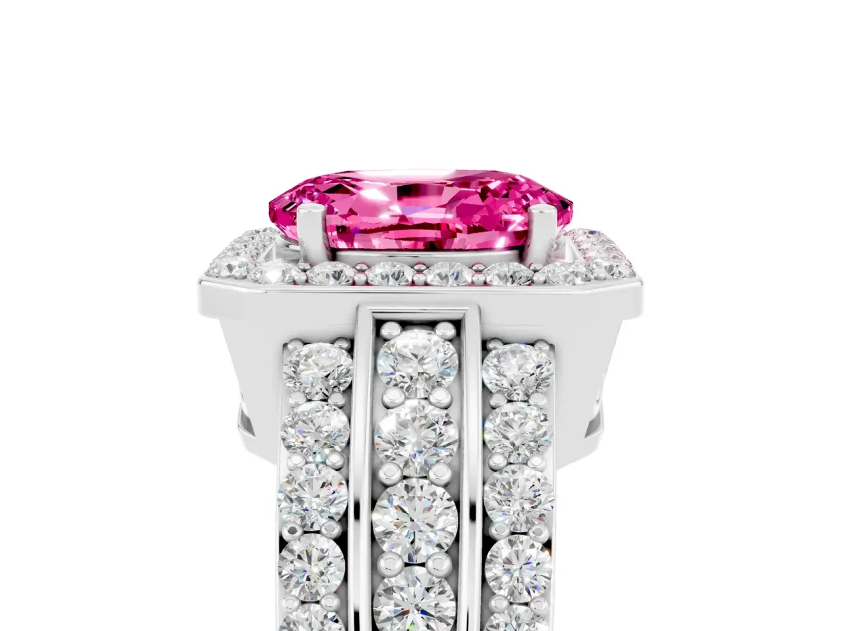 Oval Cut Halo Pink Sapphire Ring with Round Split Shank and Prong Setting Platinum