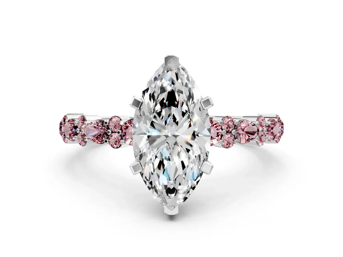Marquise Cut Diamond Side Stone Solitaire Ring with Round Morganite and Four-Prong Setting Silver