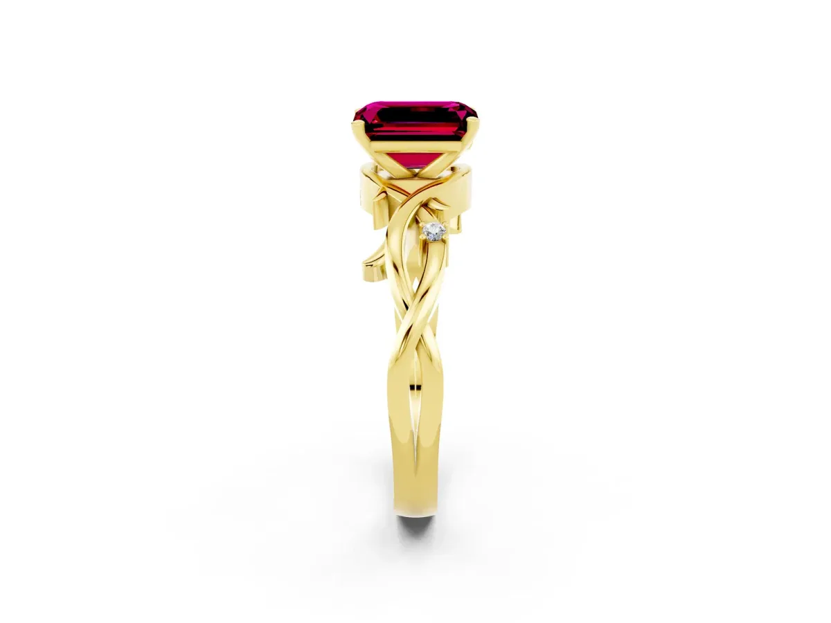 Emerald Cut Garnet Solitaire Ring with Twisted Band and Prong Setting Yellow gold