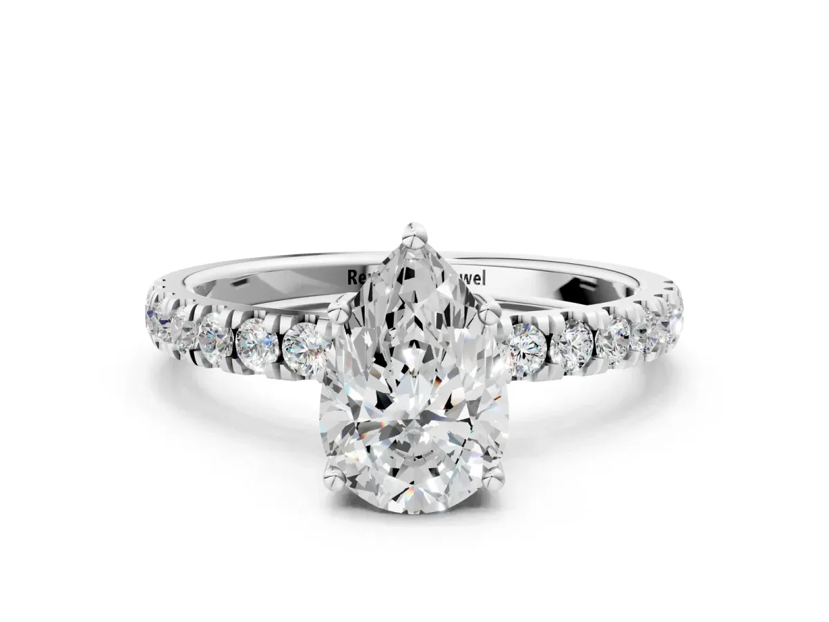 Pear Cut Diamond Pave Band Solitaire Ring with Round and Prong Setting Platinum