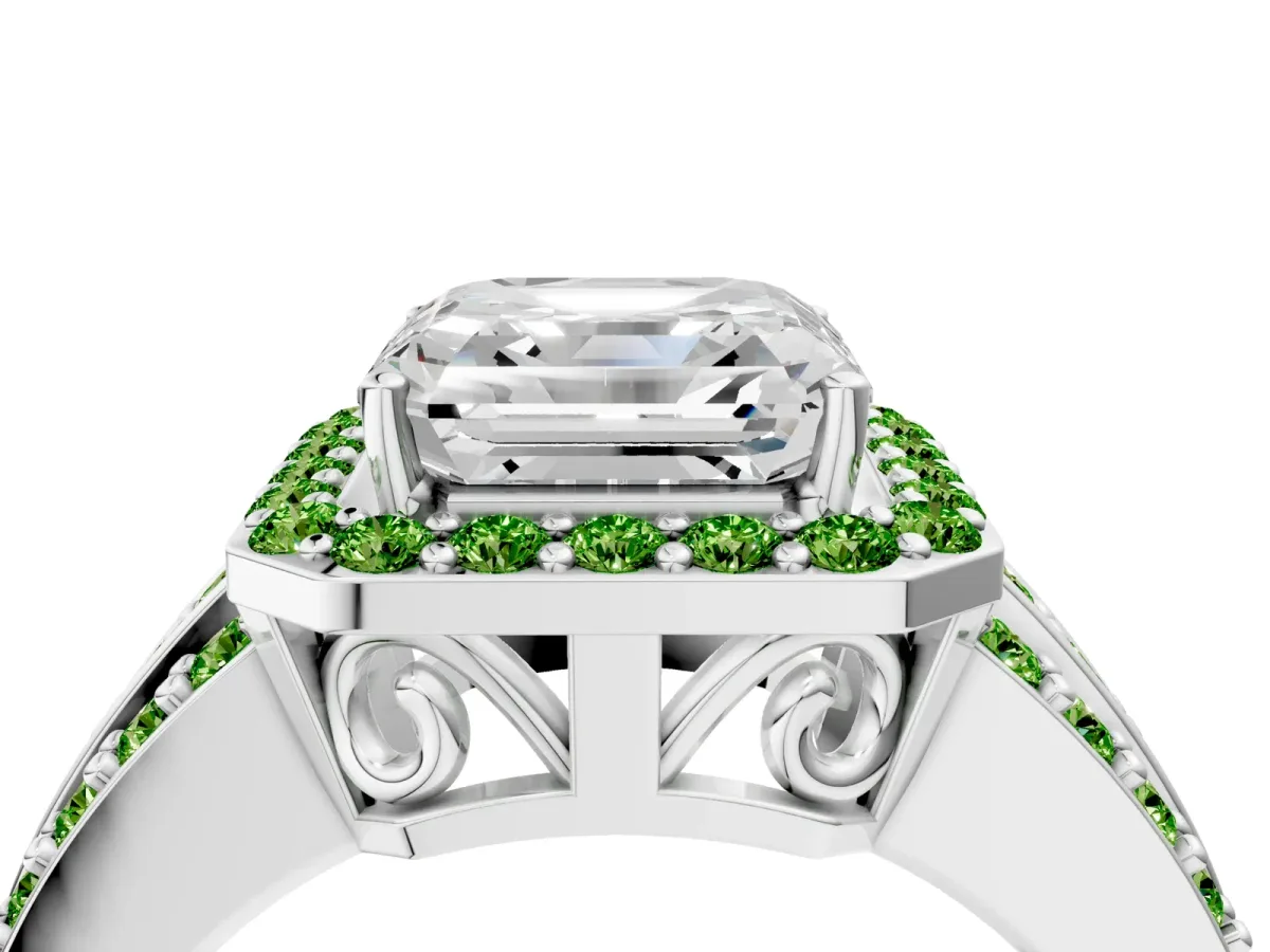Asscher Cut Halo Diamond Ring with Round Peridot Split Shank and Prong Setting Silver