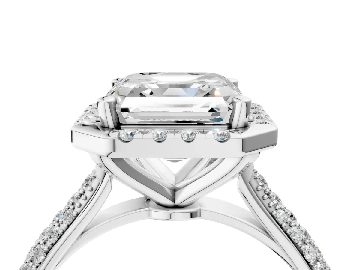Asscher Cut Cut Halo Pave Band Four-Prong Setting Ring Platinum