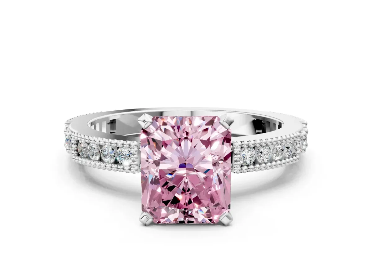 Fancy Pink Radiant Cut Solitaire with Pavé Band and Four-Prong Setting Silver