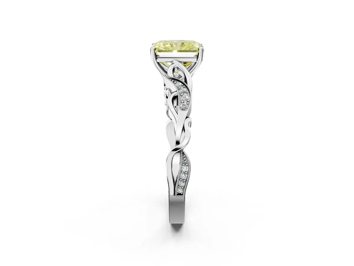 Fancy Yellow Radiant Cut Solitaire Vine Band with Milgrain Prong Setting Platinum