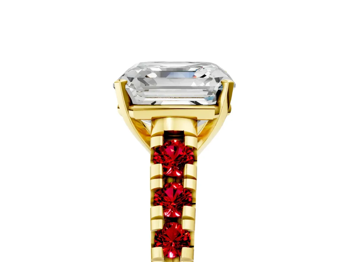 Asscher Cut Diamond Cathedral Solitaire Ring with Round Ruby Pavé Band Yellow gold