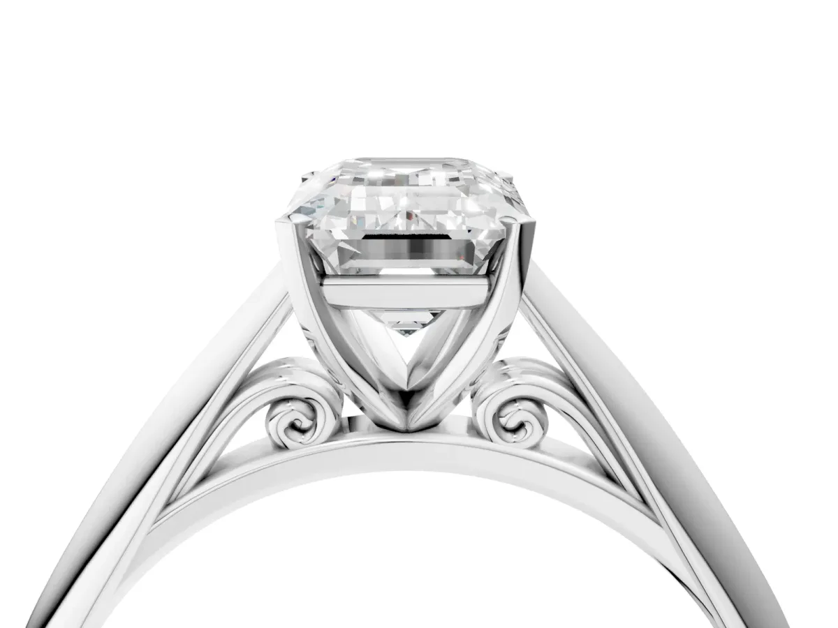 Emerald Cut Diamond Solitaire Engagement Ring with Cathedral Setting and Four-Prong Mount White gold