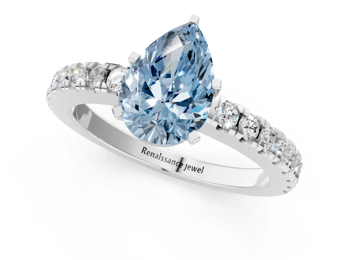 Fancy Blue Pear Cut Solitaire Diamond with Pavé Band and Four-Prong Setting Silver