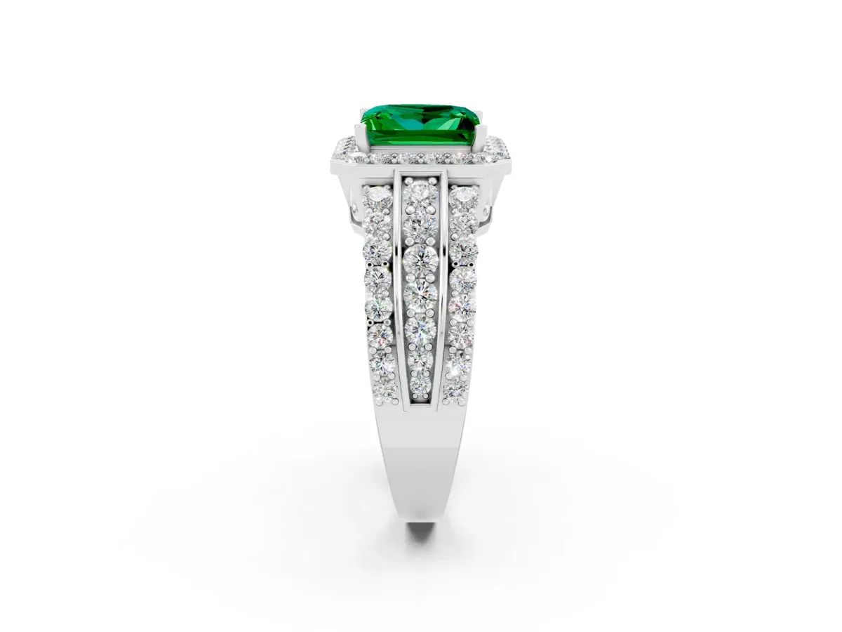 Princess Cut Halo Emerald Ring with Round Split Shank and Prong Setting Platinum