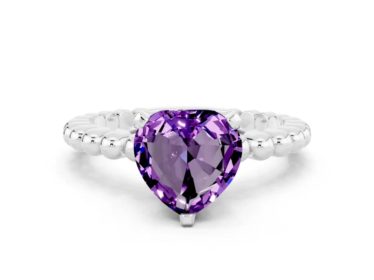 Heart Cut Amethyst Solitaire Ring with Beaded Band and Prong Setting Platinum