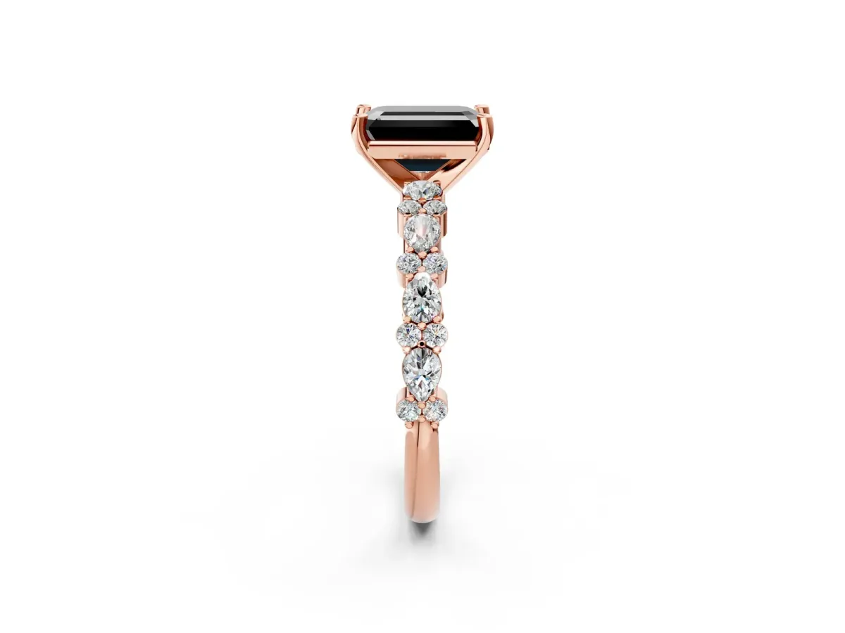 Fancy Black Emerald Cut Diamond Side Stone Solitaire Ring with Round and Four-Prong Setting Rose gold