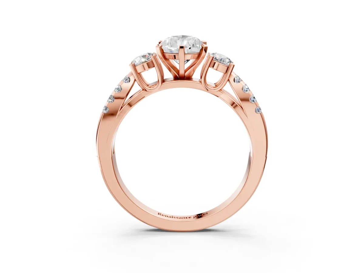 Pear Cut Diamond Three-Stone Ring with Pavé Split Shank and Four-Prong Setting Rose gold