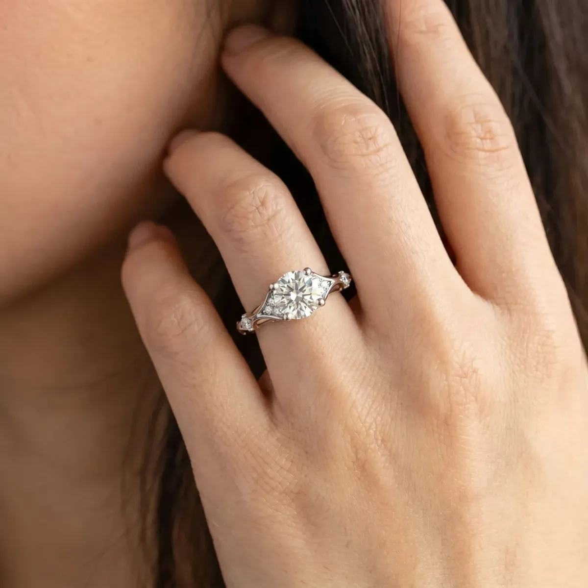 Round Cut Cut Solitaire Engagement Ring with Pave Band and Four-Prong Setting Silver