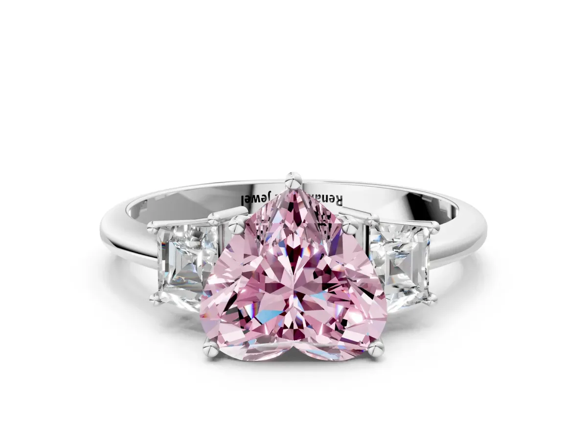 Fancy Pink Heart Cut Diamond Three-Stone Ring with Trapezoid Side Stones and Prong Setting Silver