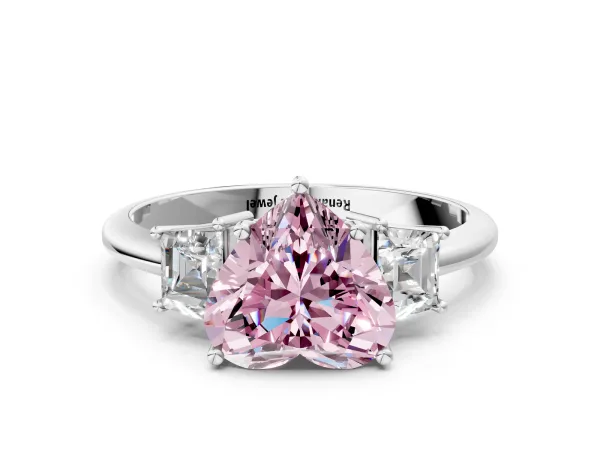 Fancy Pink Heart Cut Diamond Three-Stone Ring with Trapezoid Side Stones and Prong Setting Platinum