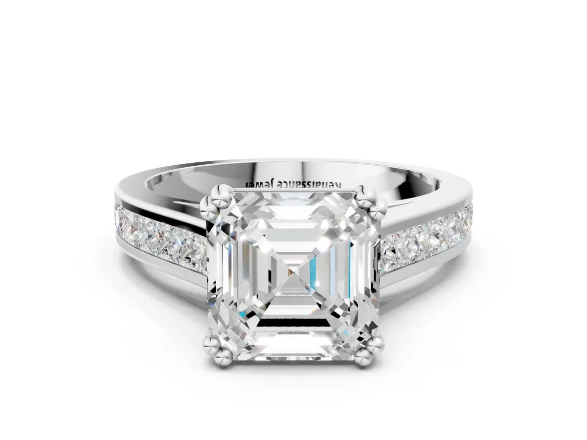 Asscher Cut Cut Channel Set Solitaire Engagement Ring with Prong Setting Platinum