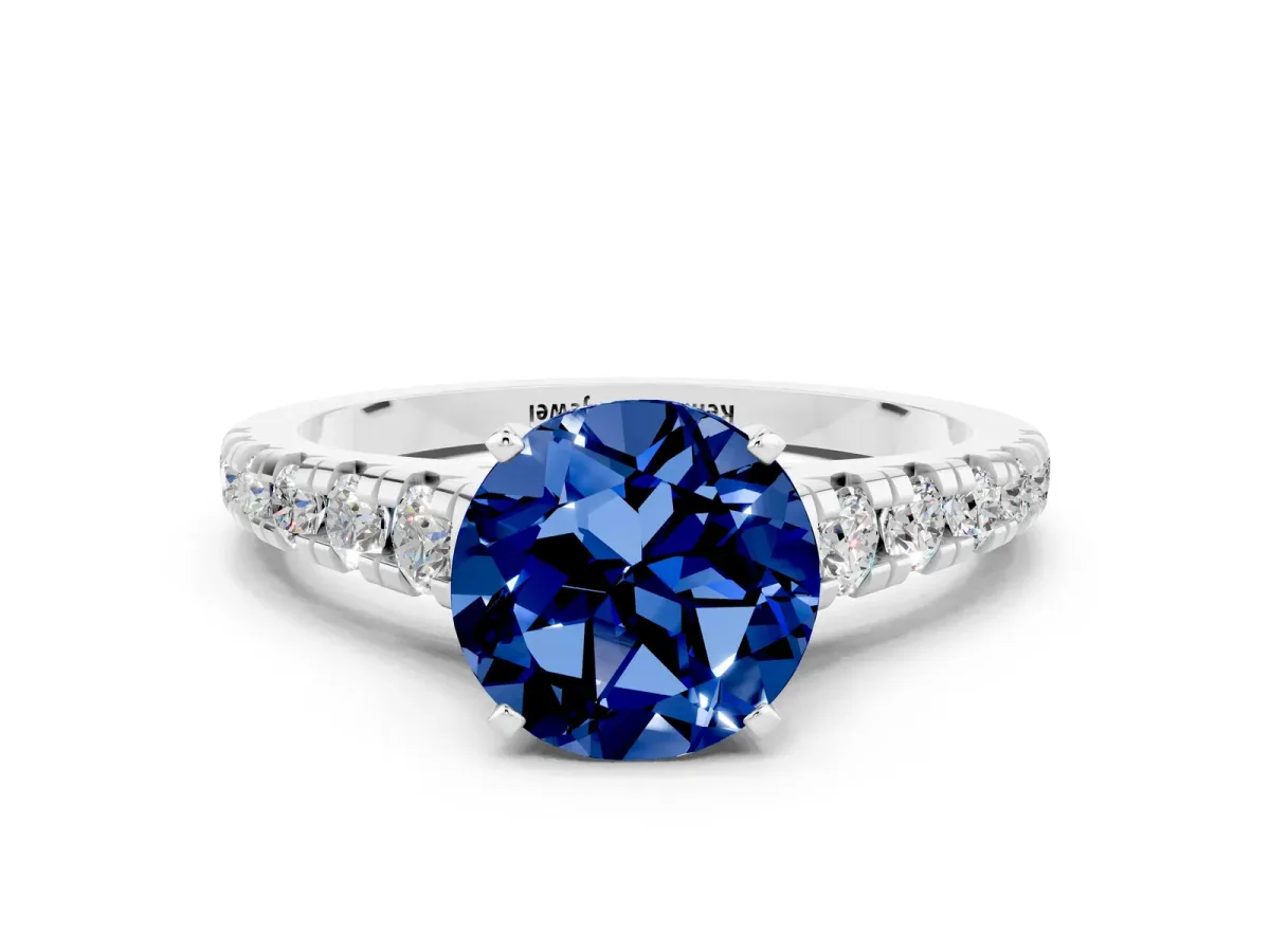 Round Cut Blue Sapphire Cathedral Solitaire Ring with Round Pavé Band Silver