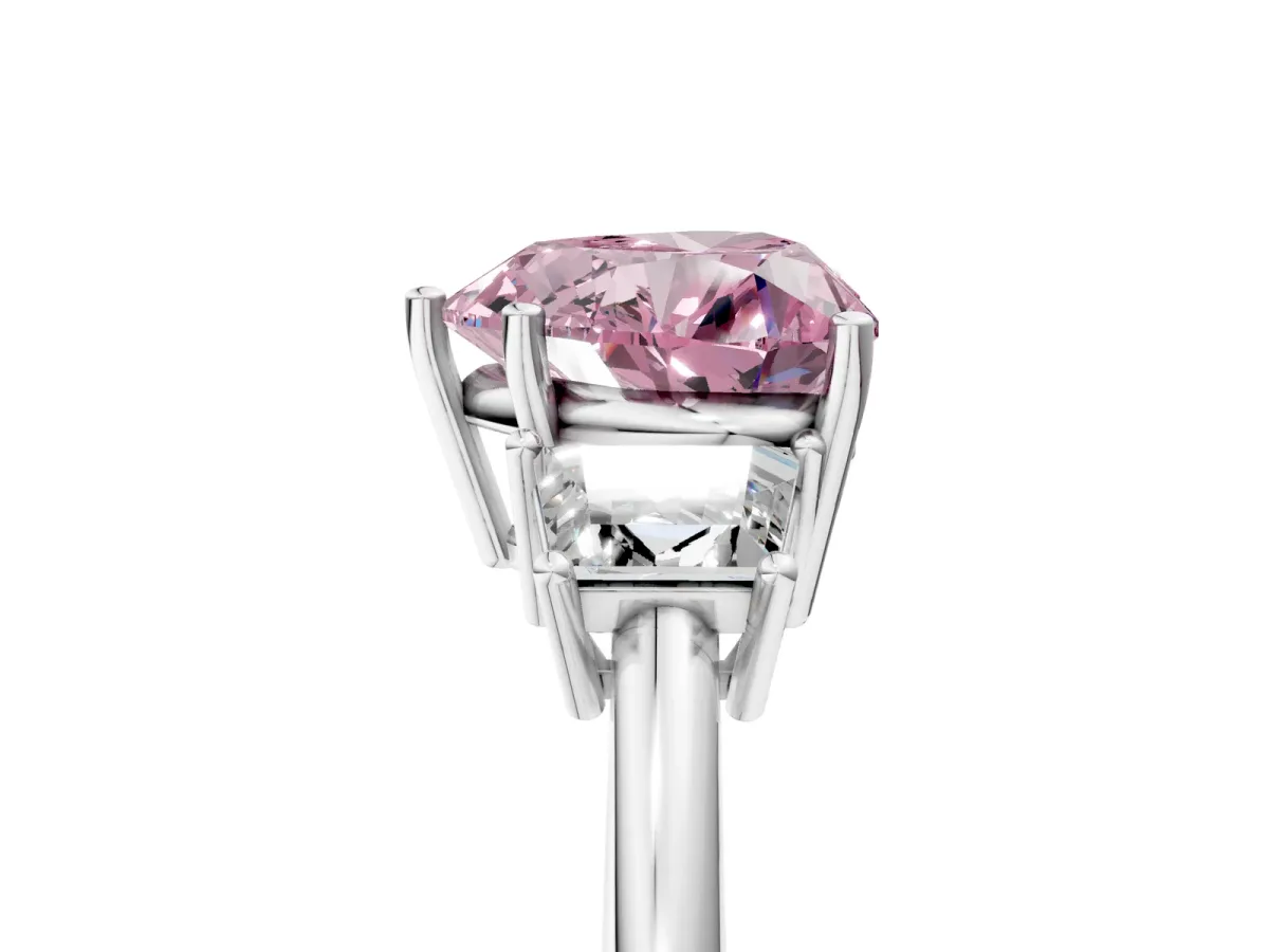 Fancy Pink Heart Cut Diamond Three-Stone Ring with Trapezoid Side Stones and Prong Setting Silver