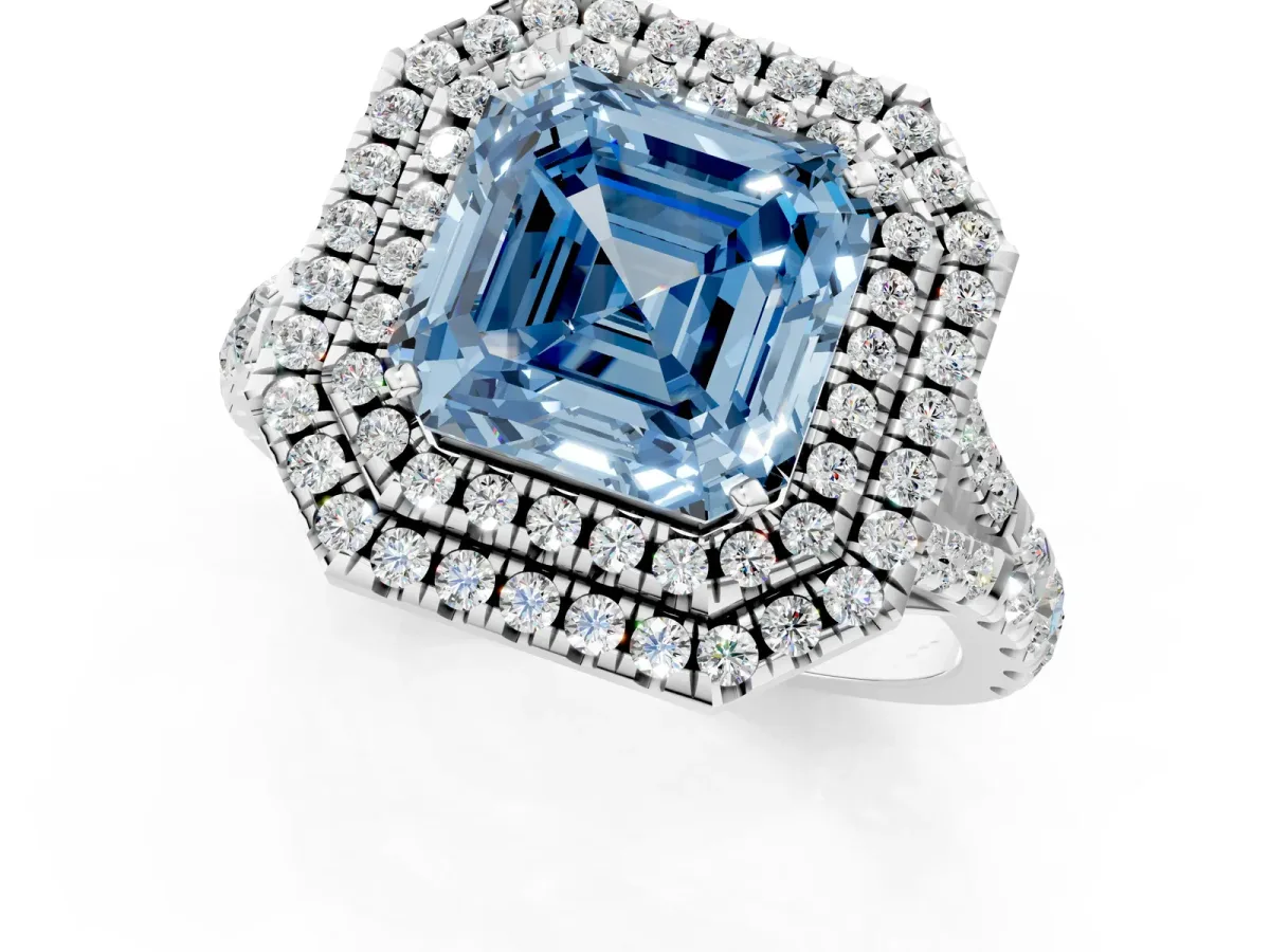 Fancy Blue Asscher Cut Diamond Double Halo Ring with Split Shank and Prong Setting Silver
