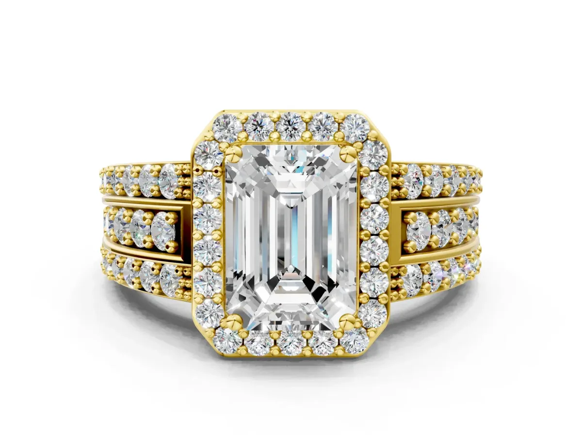 Emerald Cut Halo Diamond Ring with Round Split Shank and Prong Setting Yellow gold